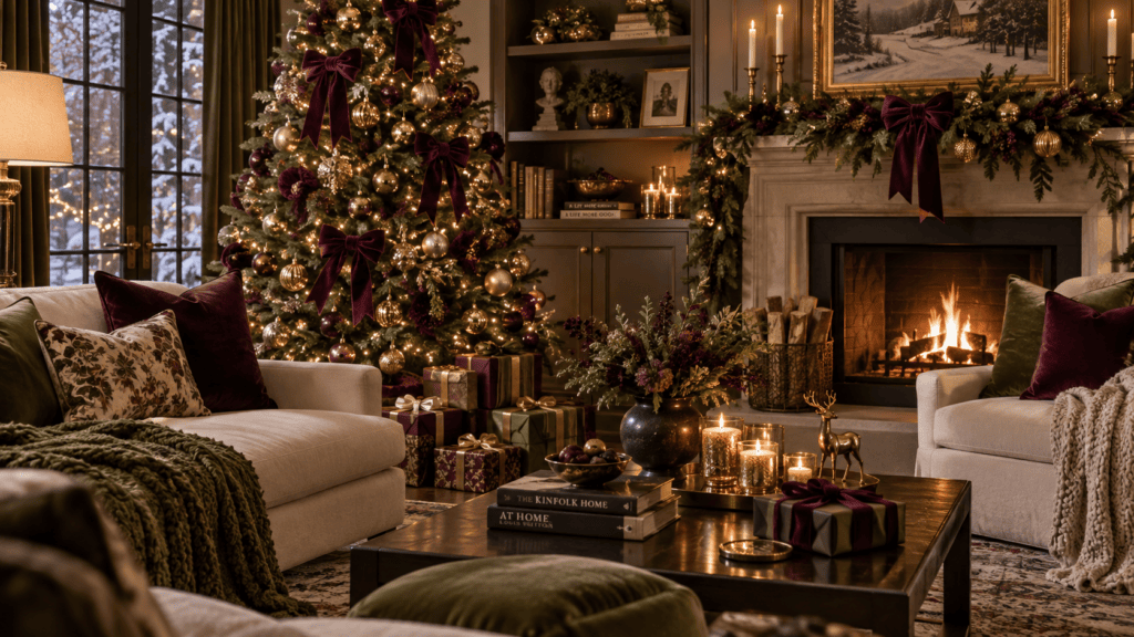 Cozy Christmas living room with decorated tree, fireplace, and wrapped gifts.
