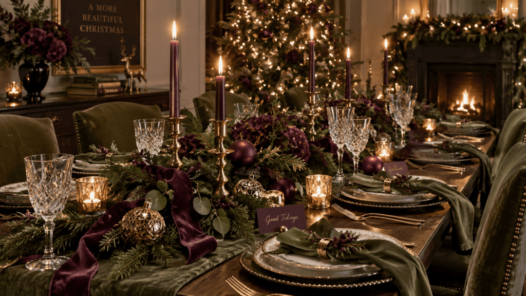Festive holiday table setting with candles, ornaments, and greenery.