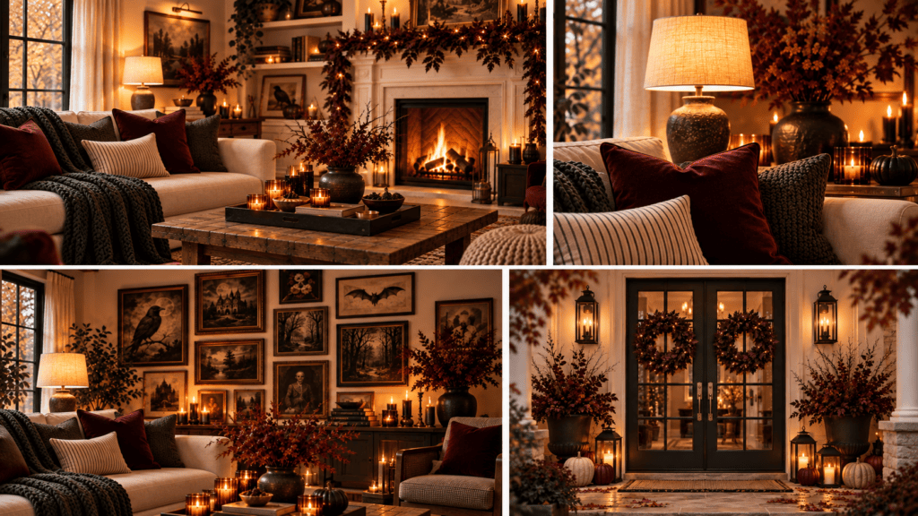 Cozy living room with fireplace, autumn-themed decor, and warm lighting.