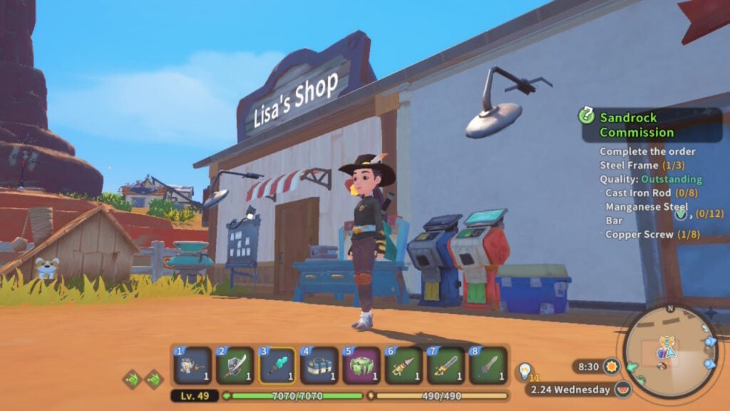 In-game scene of Lisa's Shop with character and tools, vibrant environment.
