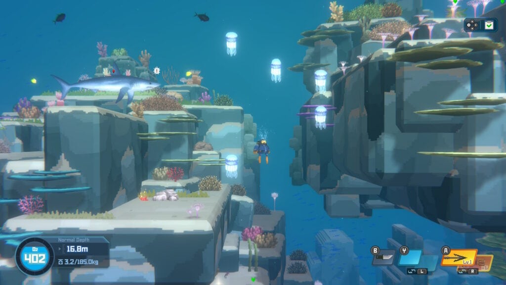 Colorful underwater scene with coral reefs, fish, and divers.