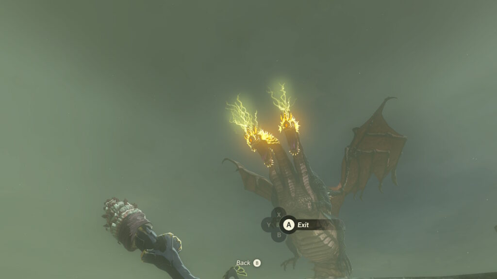 Majestic dragon soaring through foggy sky with glowing eyes and wings.
