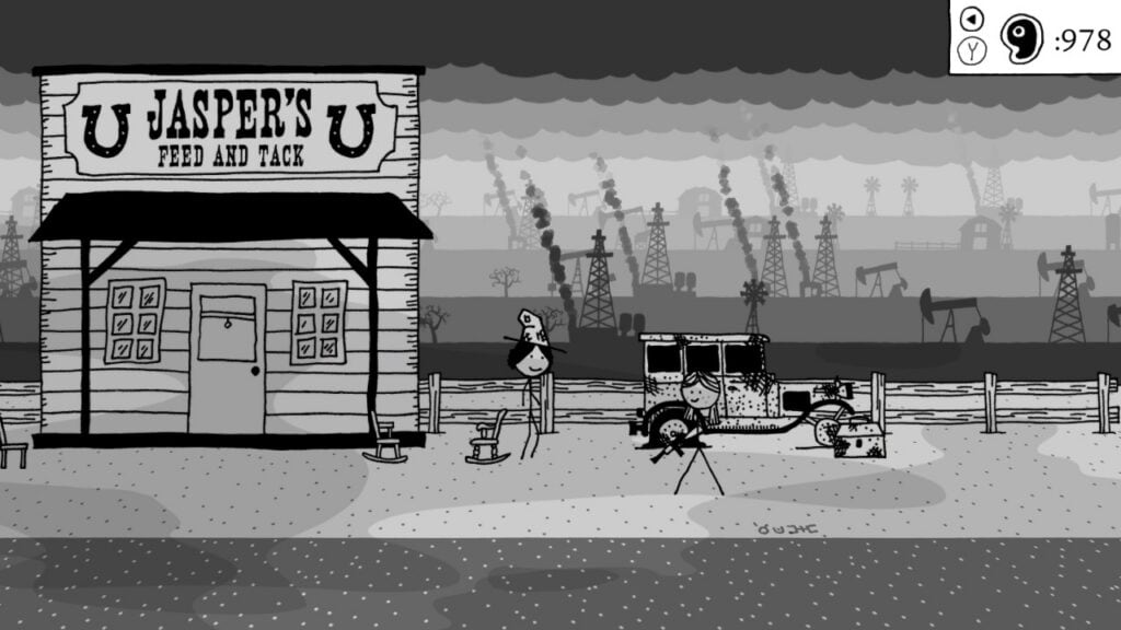 Black and white illustration of a Western town with a feed and tack shop and oil rigs in the背景.
