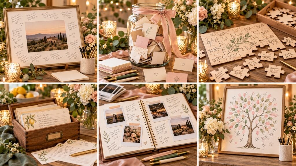 Elegant wedding decor with floral arrangements, photo displays, and personalized stationery.