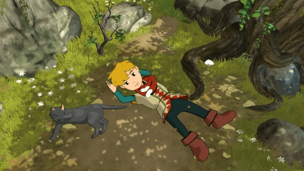 Young boy resting on the ground with a cat in a lush forest setting.