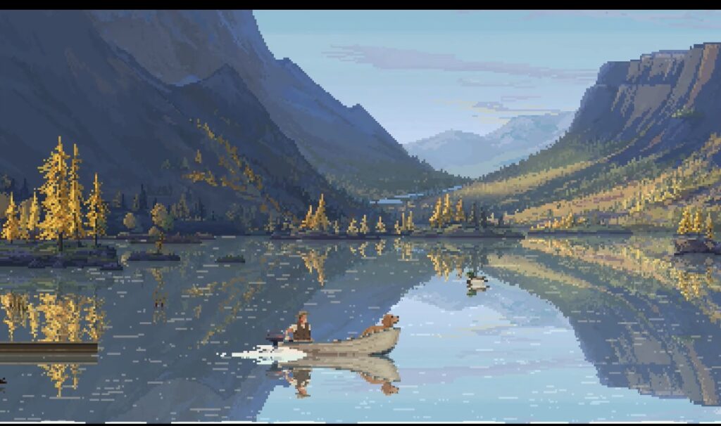 Kayaking on a tranquil mountain lake surrounded by towering peaks and autumn trees.