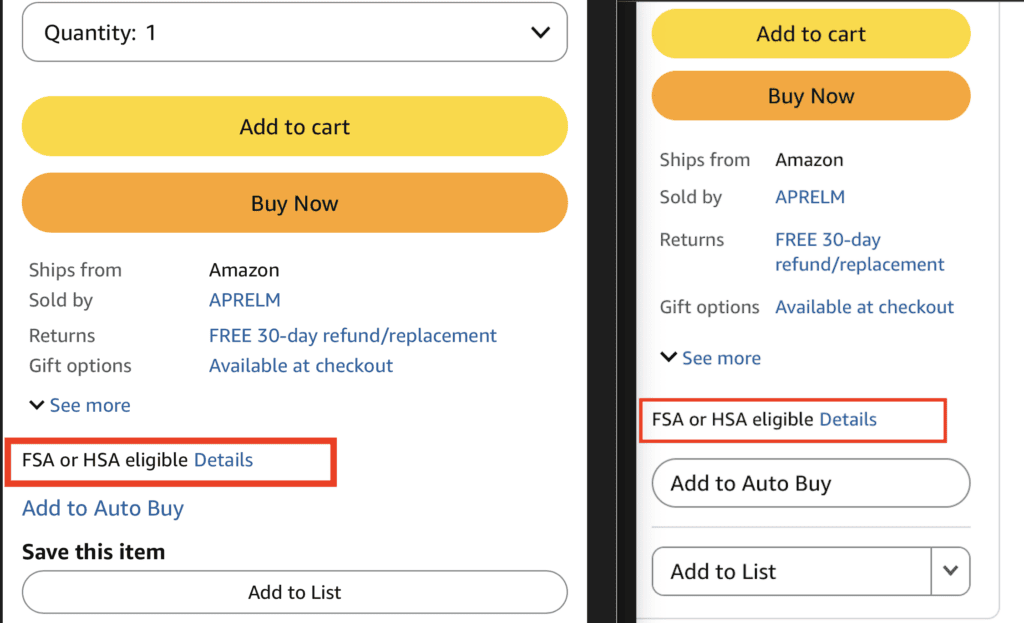 Amazon product page showing FSA or HSA eligible details for health items.