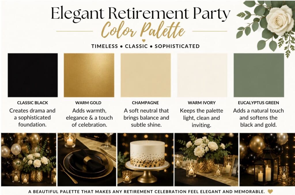 Elegant retirement party color palette with black, gold, ivory, and eucalyptus green.