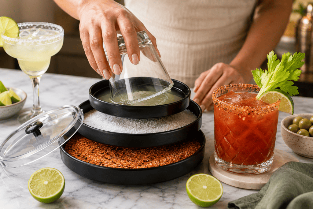 Barware and cocktail setup with lime, salt, and drinks on marble surface.