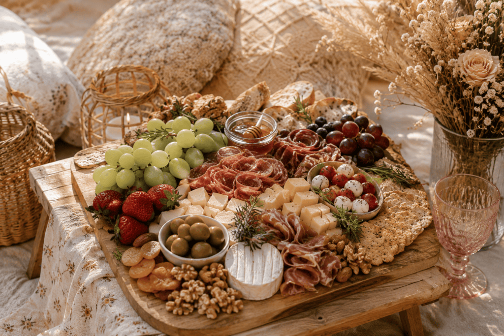 Elegant charcuterie board with cheese, fruits, and nuts for outdoor dining.
