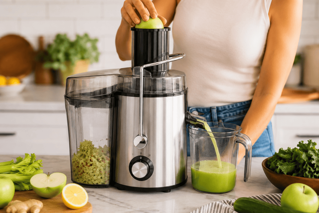 Person making fresh green juice with a juicer and vegetables.