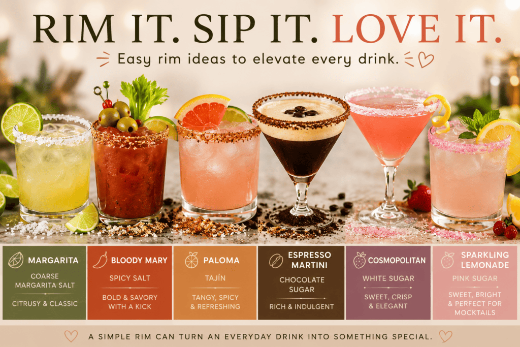 Assorted vibrant cocktails with fresh fruit garnishes and salted rims.