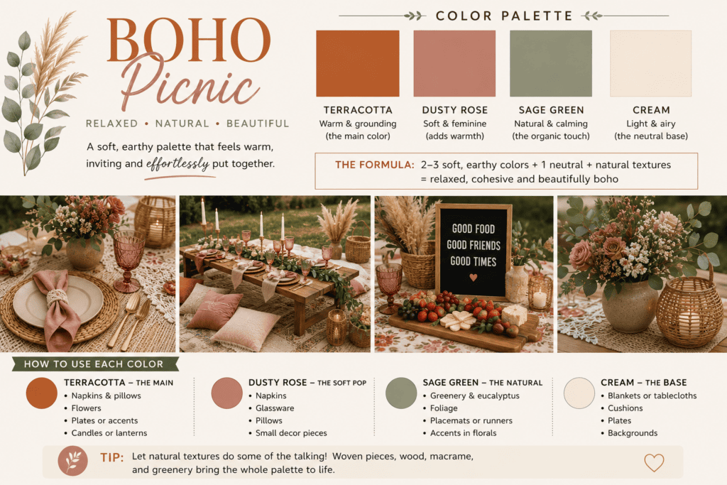 Boho picnic table setting with earthy tones and floral arrangements.