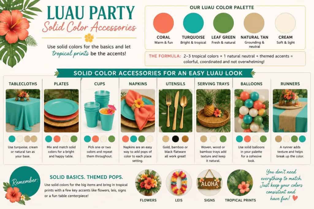 Colorful solid color accessories for luau party including tablecloths, plates, cups, napkins, and uk.