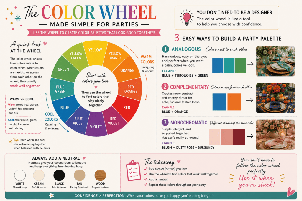 Color wheel showing color combinations for parties and design.