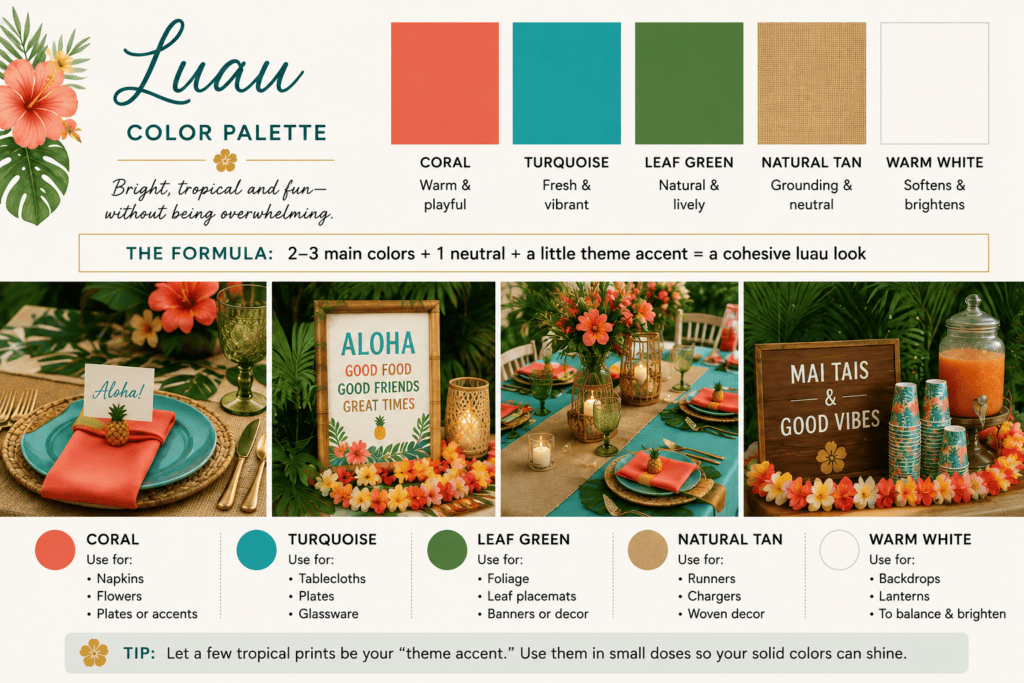 Color palette for Luau theme with coral, turquoise, leaf green, natural tan, and warm white.