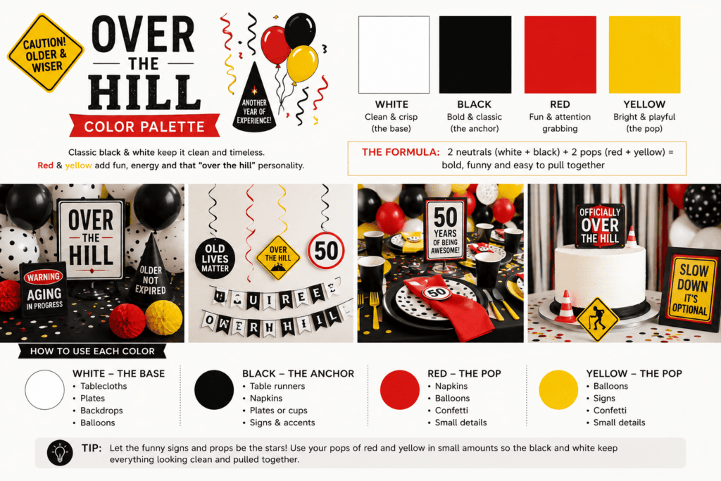 Color palette and decorations for Over the Hill birthday theme.