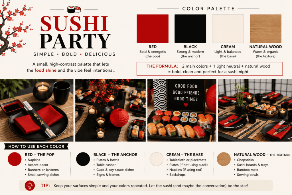 Elegant sushi party setup with black, red, and natural wood accents.