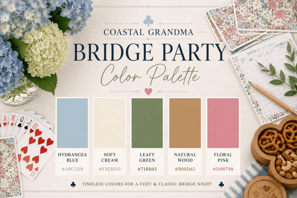 Color palette for Coastal Grandma Bridge Party with hydrangea blue, soft cream, leafy green, natural.