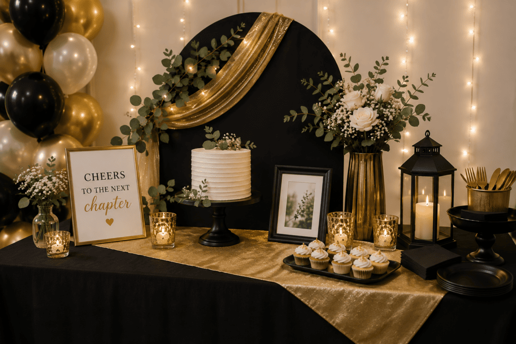 Decorative dessert table with cake, cupcakes, flowers, and balloons for celebration.