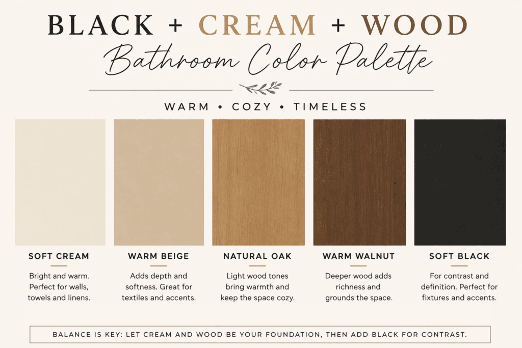 Bathroom color palette featuring soft cream, warm beige, natural oak, warm walnut, and soft black.