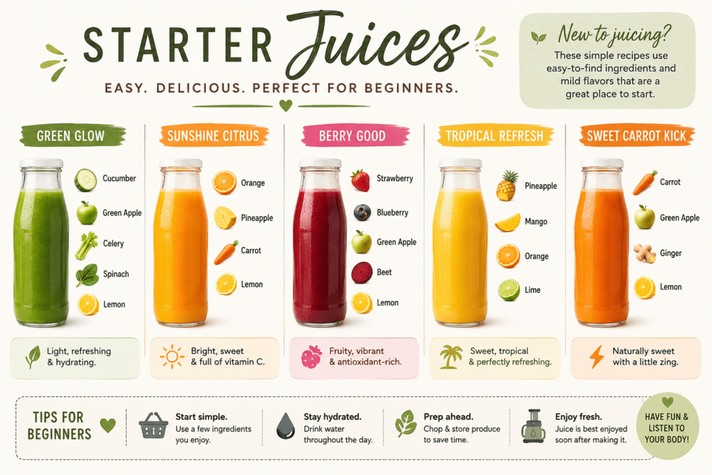 Colorful juice bottles with fresh fruits and vegetables for healthy drinks.
