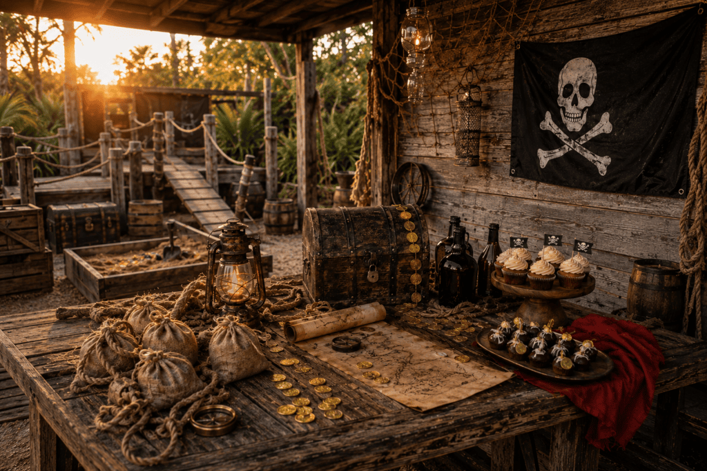 Pirate treasure chest, gold coins, and skull flag for themed decor.