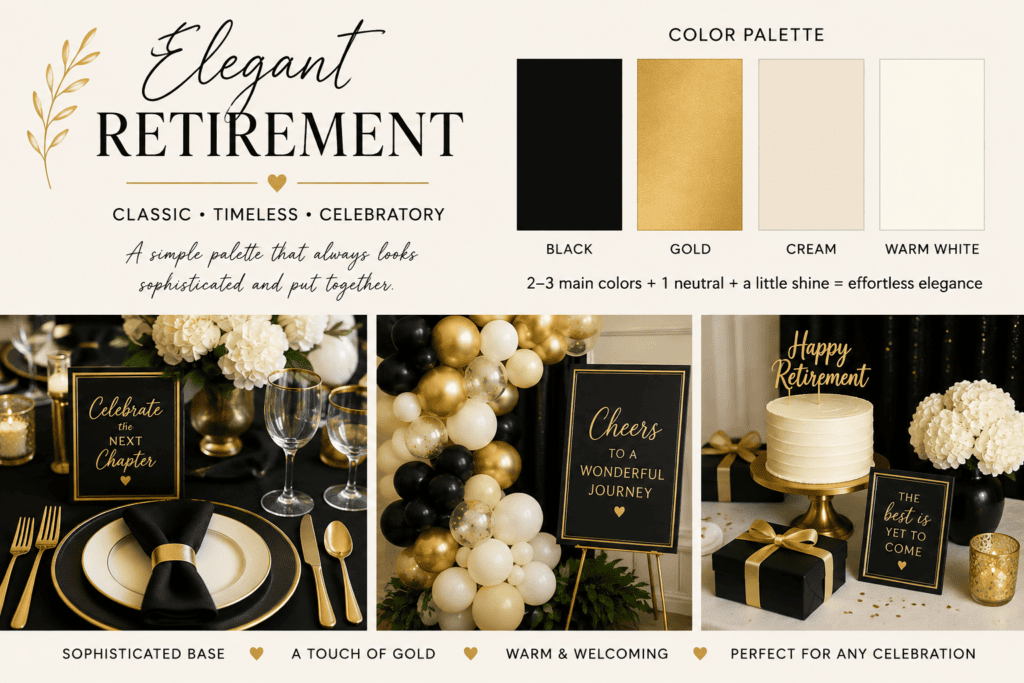 Elegant retirement party setup with gold accents, balloons, and themed signs.