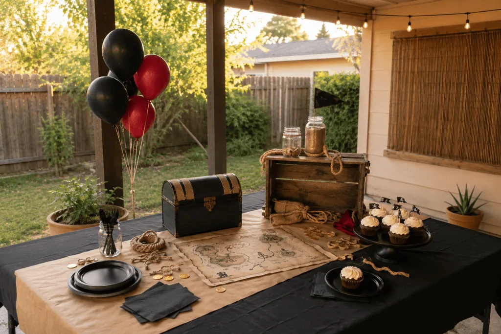 Outdoor party table with cupcakes, balloons, and decorations at sunset.