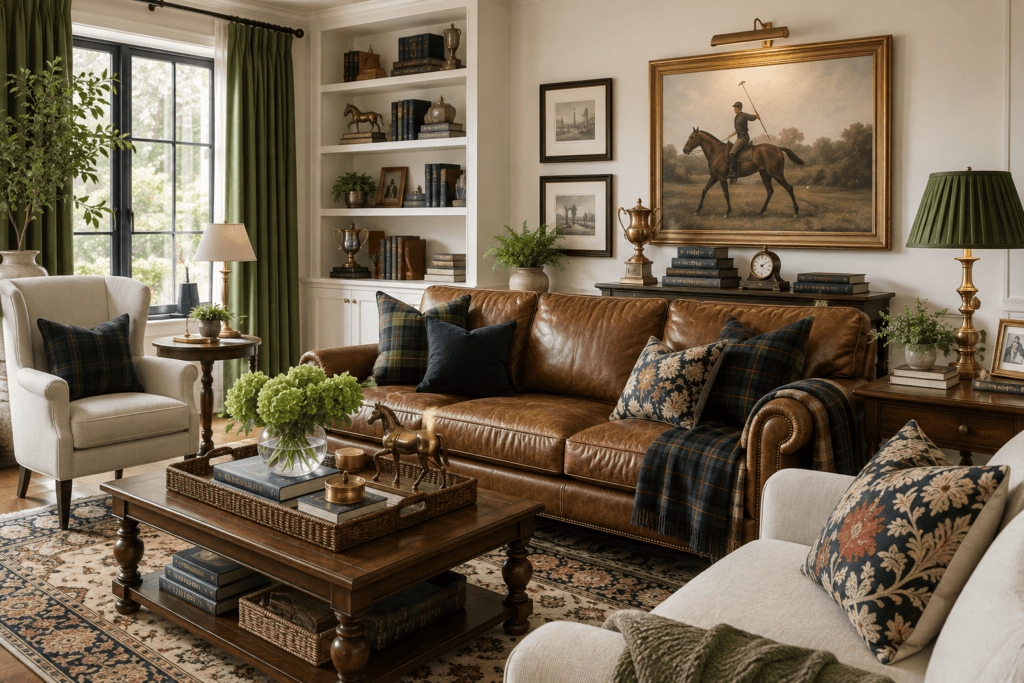 Stylish living room with leather sofa, armchairs, and artwork.