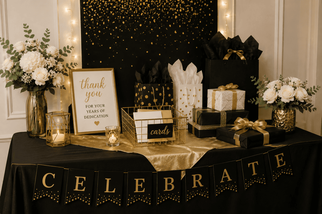 Decorative gift table with black, gold, and white presents for celebration.