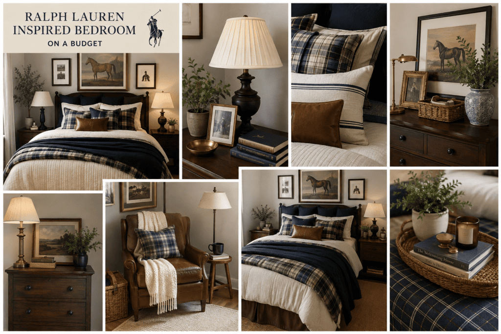 Cozy bedroom with Ralph Lauren inspired decor and rustic accents.
