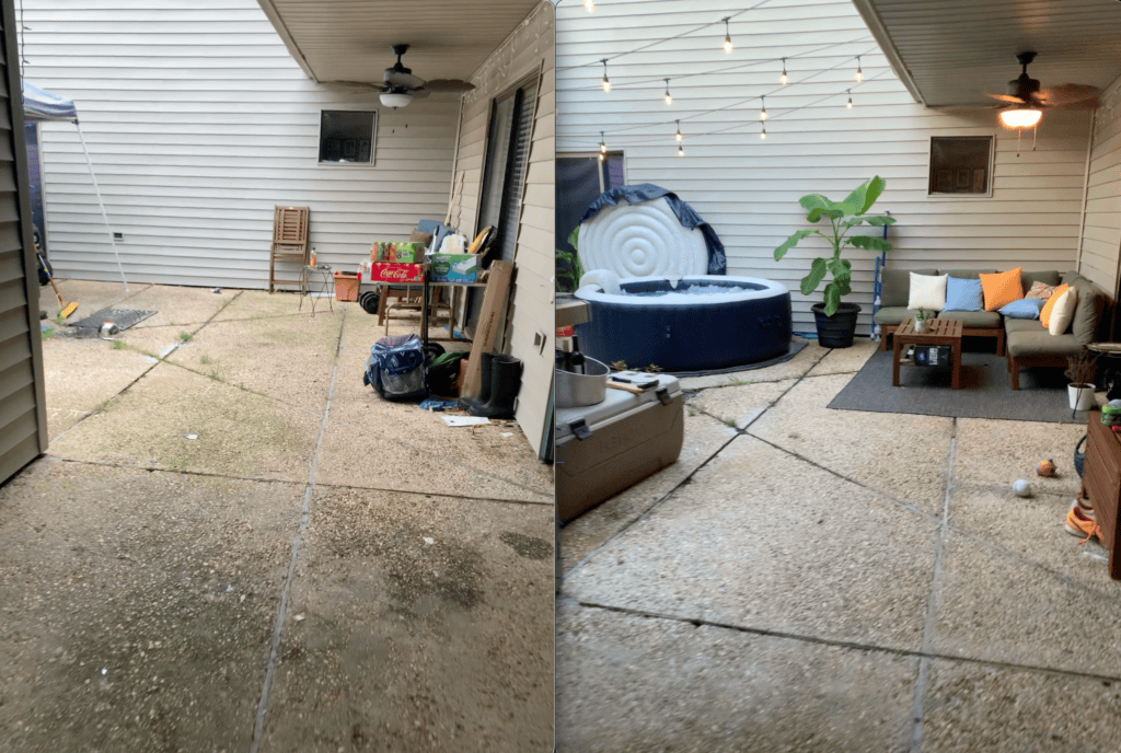 Before and after of a patio transformed into an outdoor living space with seating and lighting.