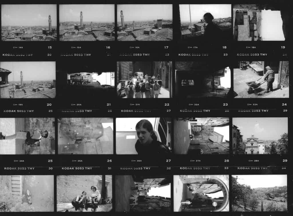 Black and white contact sheet of vintage film photographs with various scenes and people.