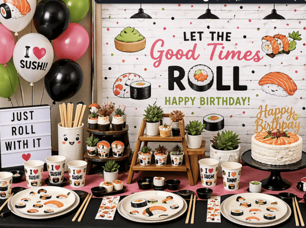 Sushi-themed birthday party setup with decorations, cupcakes, and tableware featuring sushi designs.