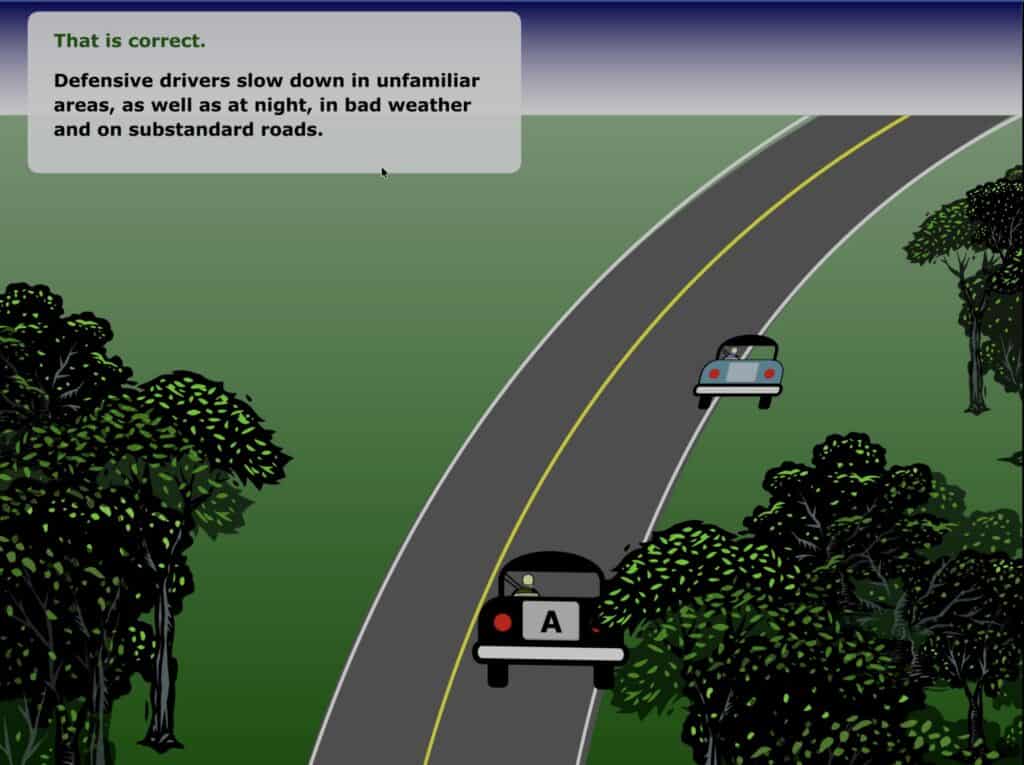 Illustration of safe driving tips for unfamiliar and bad weather conditions.