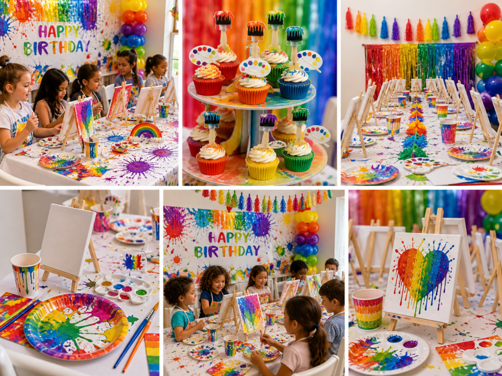 Bright rainbow-themed birthday party setup with children painting and colorful desserts.