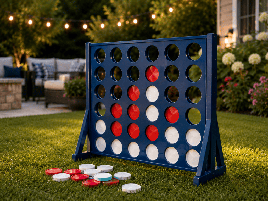 Outdoor Connect Four game set on a lawn with string lights in the background.