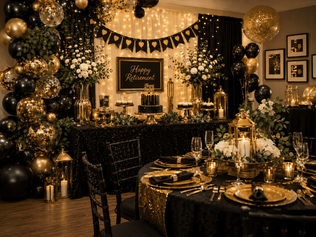 Luxurious retirement celebration with gold and black decorations.