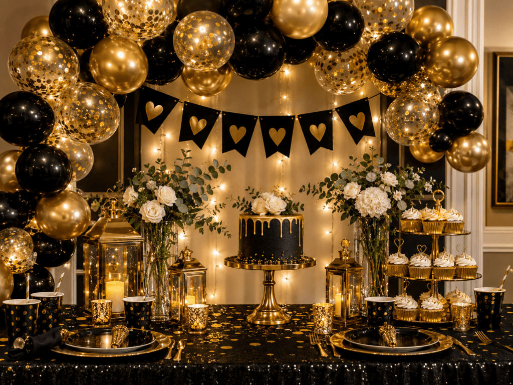 Black and gold themed party table with balloons, cake, and floral arrangements.