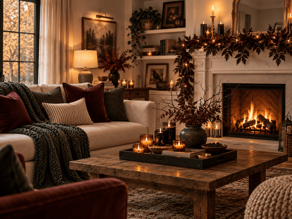 Warm living room with fireplace, candles, and autumn-themed decor.