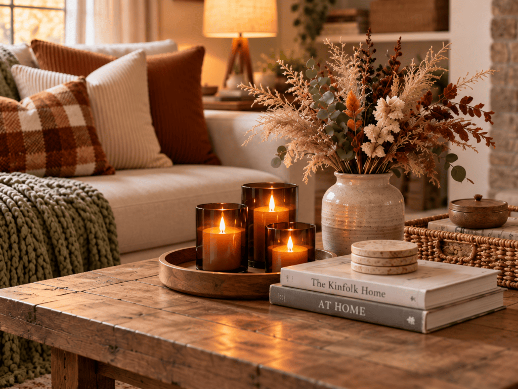 Warm living room with candles, floral arrangement, and cozy pillows.