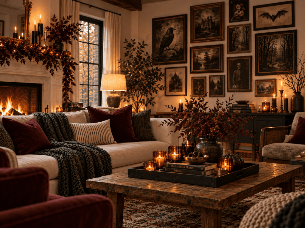 Cozy living room with vintage art, warm lighting, and autumn decor.