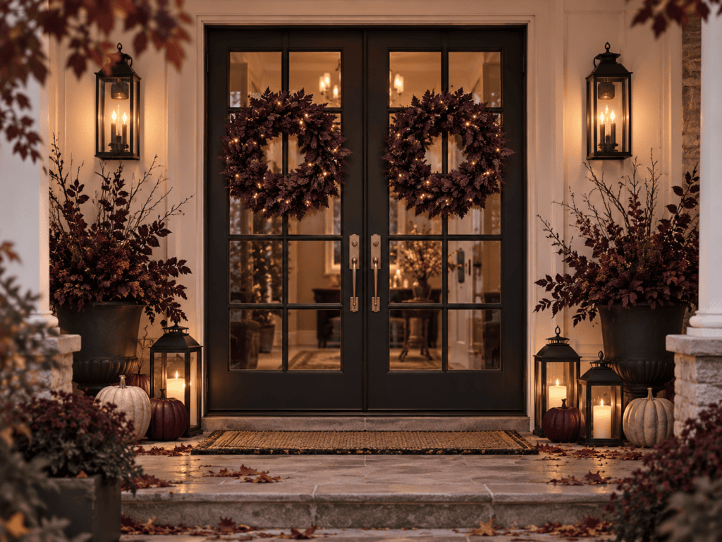 Stylish front door with autumn wreaths and pumpkins for fall decor.