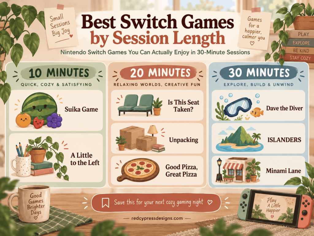 Infographic showing Nintendo Switch games for different session durations: 10, 20, and 30 minutes.
