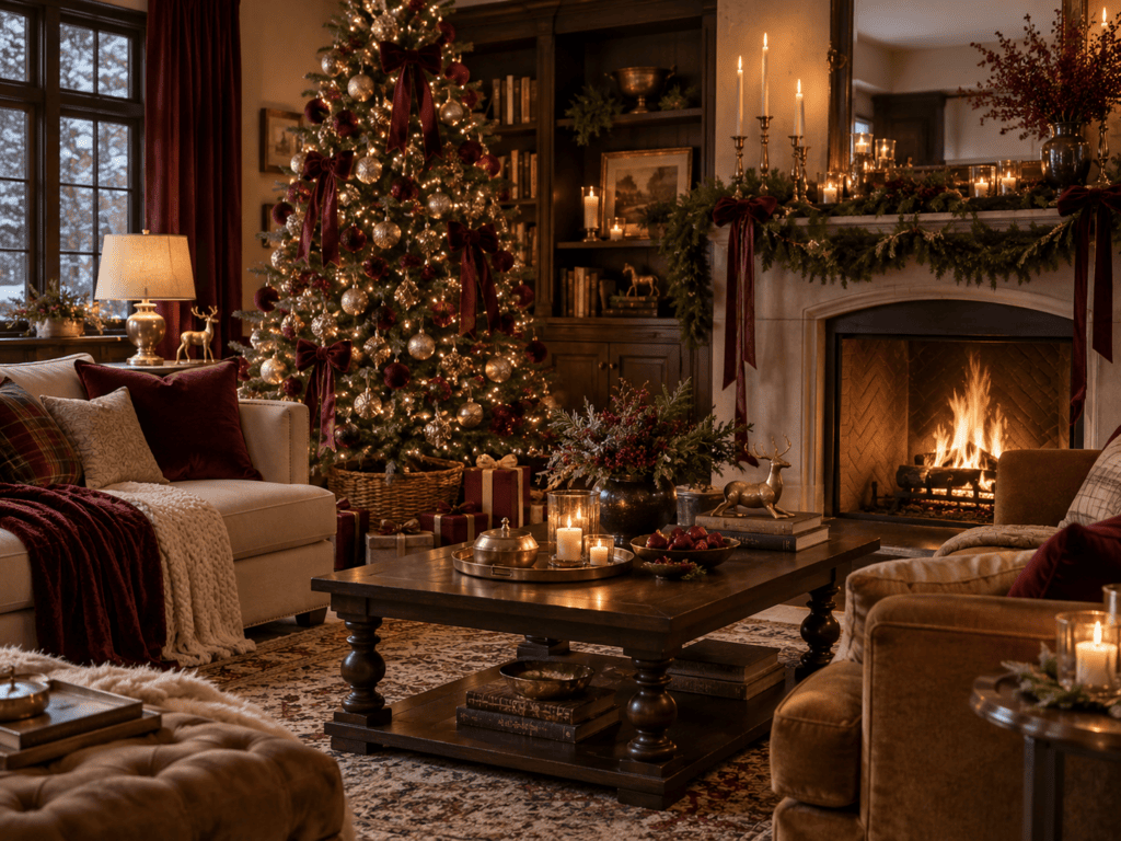 Cozy Christmas living room with decorated tree, fireplace, and candles.