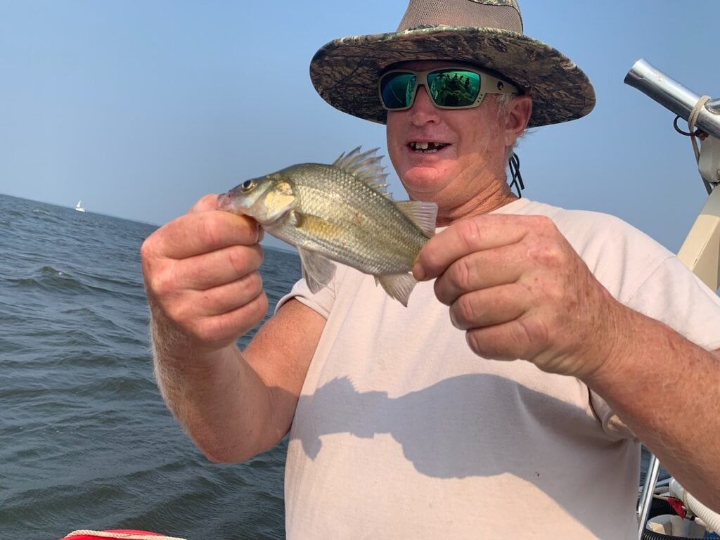 Elderly man fishing on boat holding a fish with a wide-brimmed hat and sunglasses.