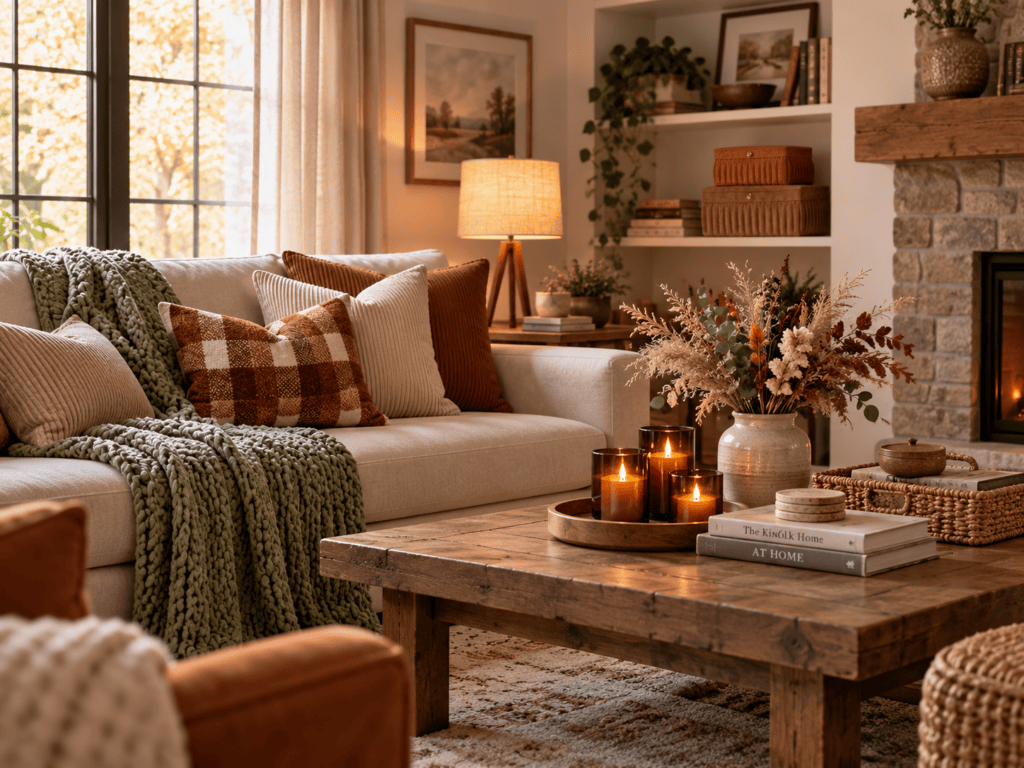 Festive Christmas decor with cream, evergreen, and brass color themes.