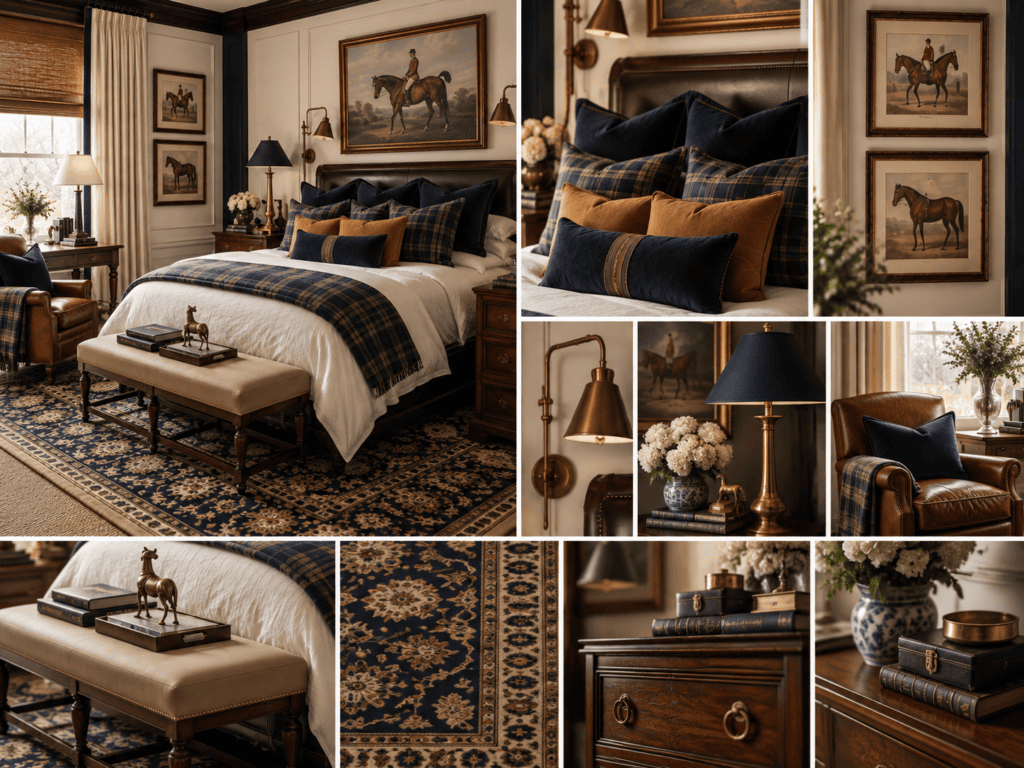 Luxurious bedroom with horse artwork, plaid pillows, and classic furniture.
