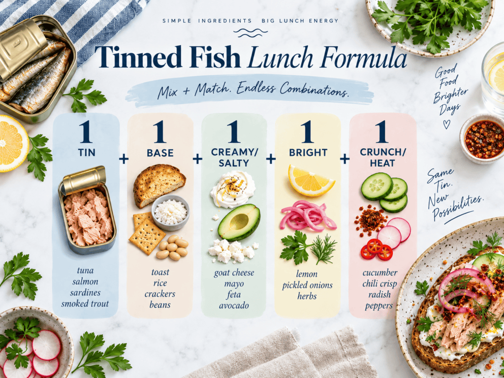 Tinned Fish Lunch Formula with ingredients and colorful garnishes for healthy eating.